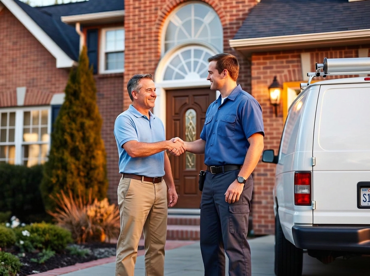 Lud's Plumbing master plumber greeting a homeowner in Woodbridge, VA